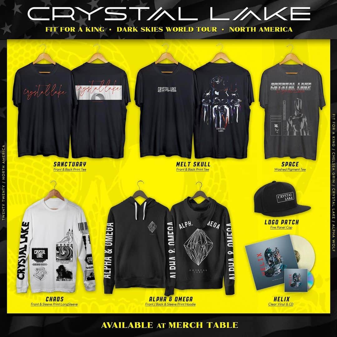 Crystal Lakeのインスタグラム：「North America 🇺🇸 We're touring with @fitforakingtx @chelseagrinofficial and @alphawolfcvlt now! Catch us and grab our merch at the venue. Where will we see ya?  UPDATED: Price is here. Tees - 25 Longsleeve - 30 Hoodie - 45 Cap - 20 Vinyl - 25 CD - 10  #FitForAKing #ChelseaGrin #CrystalLake #AlphaWolf」