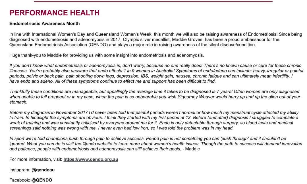 マデリン・グローヴスのインスタグラム：「A lil thing I wrote for this month’s QAS newsletter. Thanks to the QAS for their support and willingness to take meaningful action on women’s health issues 💪🏽💛」