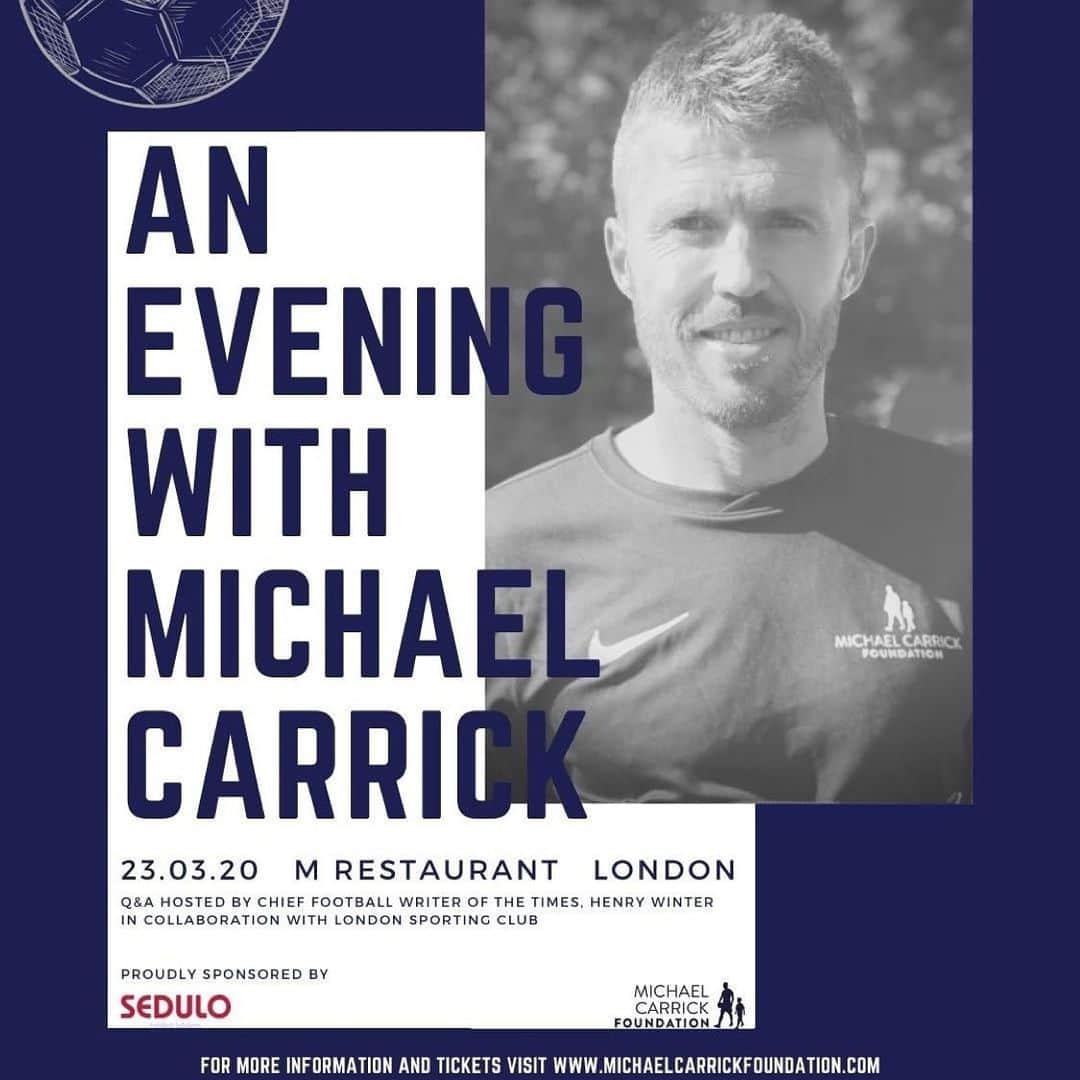 マイケル・キャリックのインスタグラム：「Looking forward to this... Come along if you can, will be great to see you 👍🏼 Repost from @michaelcarrickfoundation • Childhood memories growing up in the North East, playing football at the Theatre of Dreams ⚽️ from player to coach at his beloved Manchester United and setting up Michael Carrick Foundation, @carras16 will be discussing it all with Chief Football Writer for The Times, Henry Winter at his next book signing and Q&A event taking place in London on 23 March. 💬🎤📚 Get your tickets now 🎟Link in bio! Brought to you in collaboration with our Club 16 member, @the_sporting_club and proudly sponsored by @Sedulogroup 🌟」