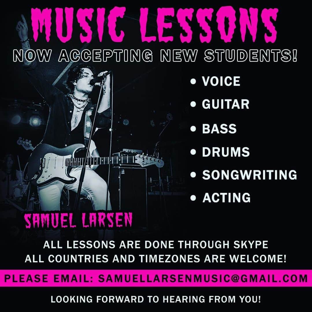 サミュエル・ラーセンのインスタグラム：「NOW ACCEPTING NEW STUDENTS!!! 🌌🌌🌌🌌🌌🌌🌌🌌🌌🌌🌌🌌 I have been having a blast finding new and easier ways to explain how to improve your musical skills.. EMAIL ME AT: samuellarsenmusic@Gmail.com  No matter what level you are at... I can’t wait to help you become a more confident and knowledgable musician.  Cheers!😘」