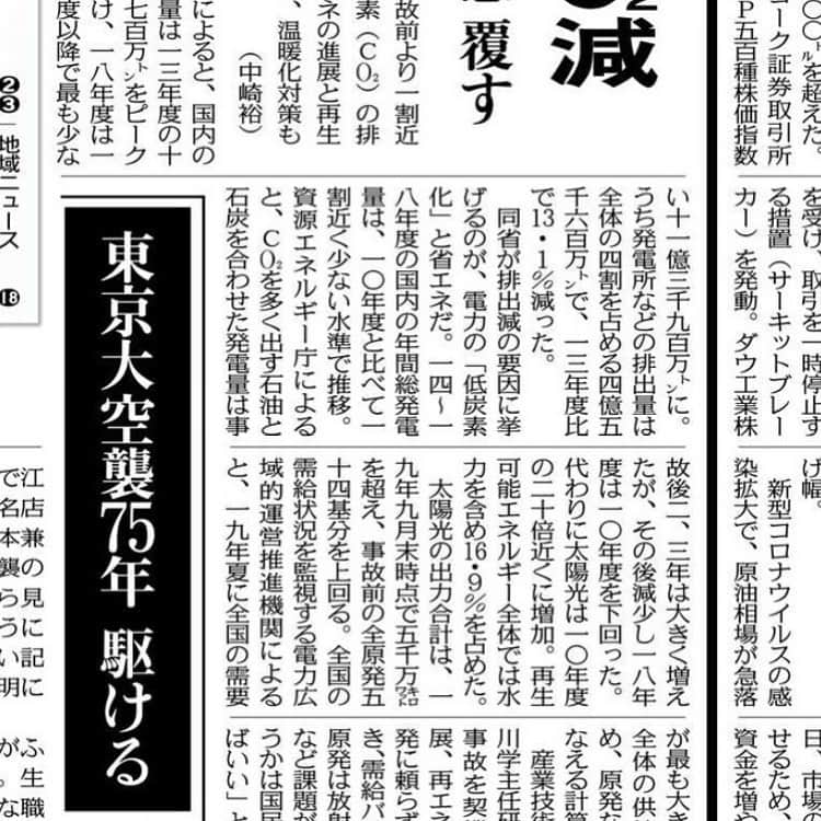 いとうせいこうのインスタグラム：「今日の東京新聞一面は重要。すでに太陽光発電のエネルギーが福島事故以前の原発54基分を上回っている！」