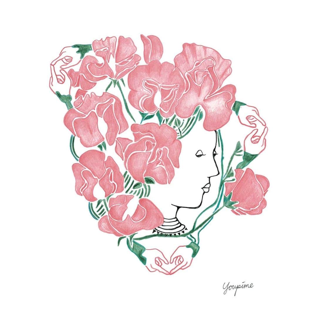 Young Juvenile Youthのインスタグラム：「GINZAで連載中のFlower Sisters 今月はスイートピーを描いてみたよ もう春ですな。指先で作るハートが可愛いでしょ 明日発売なのでみてみてね😘 @ginzamagazine  #yukiswonderland  #flowersisters」