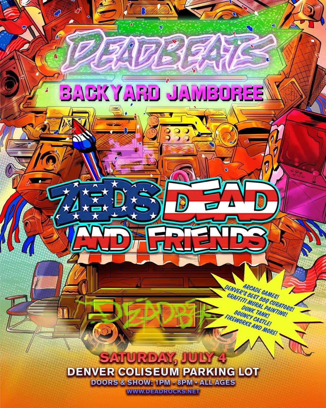Zeds Deadのインスタグラム：「The first ever DEADBEATS BACKYARD JAMBOREE! With all 3 shows sold out for Deadrocks we wanted to do something special in Denver on July 4th so we’re bringing the ultimate Deadbeats festival experience with us. See you there! 🇺🇸🍉💥🎉🍔☠️ ONSALE NOW www.deadrocks.net」