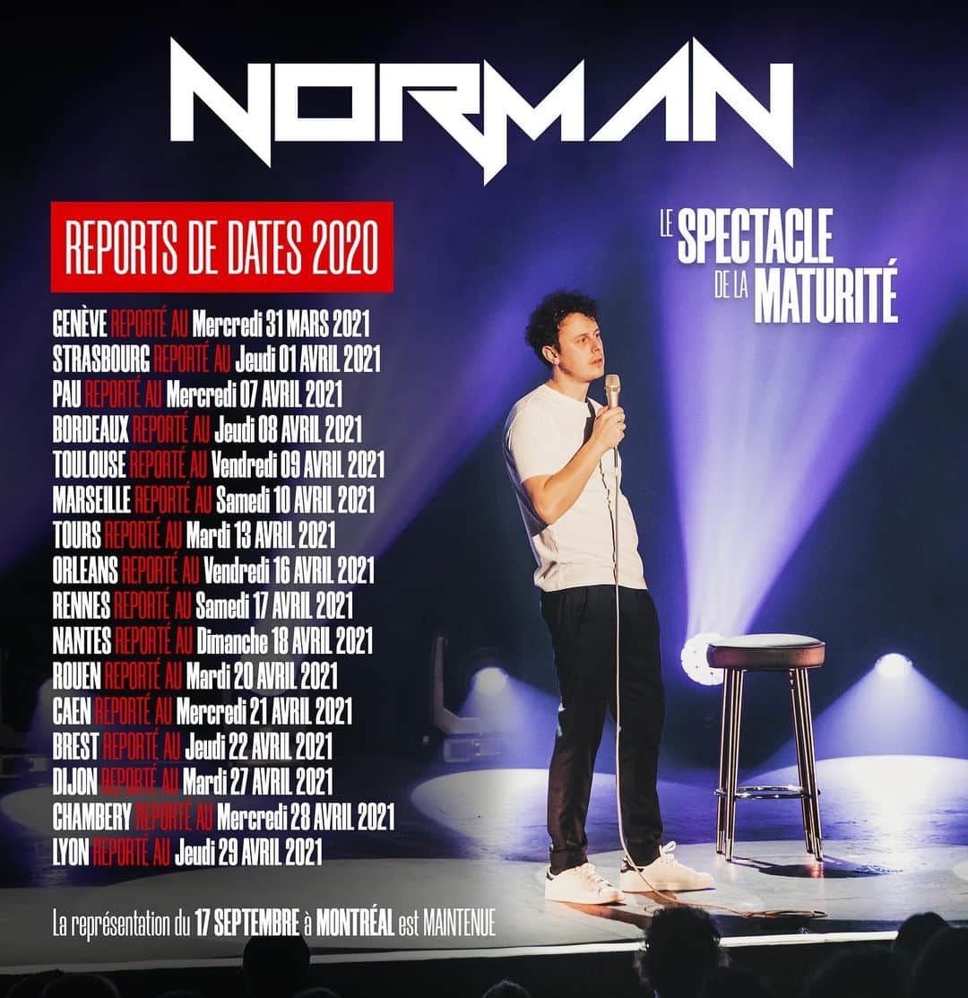 Norman Thavaudのインスタグラム：「Comme prévu voici le report des dates de ma tournée. Partagez pour que les gens soient informés 🙏🏻💜 Merci ! Photo @benjaminboccas」