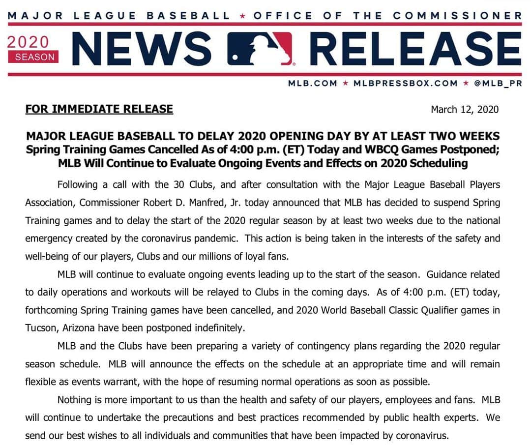 MLBさんのインスタグラム写真 - (MLBInstagram)「Statement from Major League Baseball:」3月13日 4時09分 - mlb