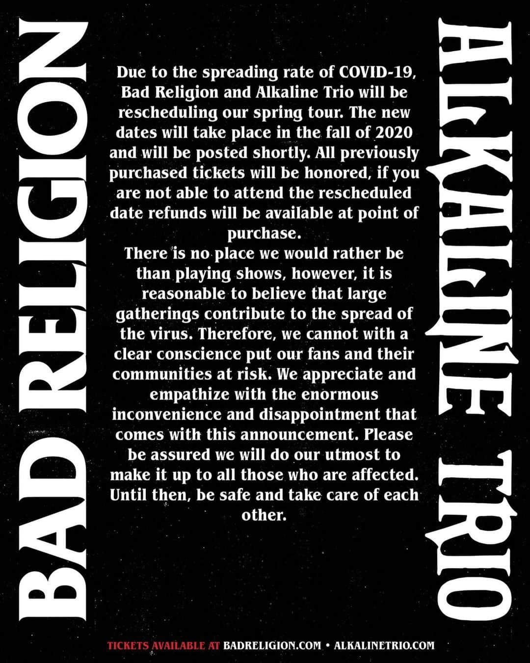 Bad Religionさんのインスタグラム写真 - (Bad ReligionInstagram)「Be safe and take care of each other, dates and details coming soon. #badreligion #alkalinetrio」3月13日 8時02分 - badreligionband