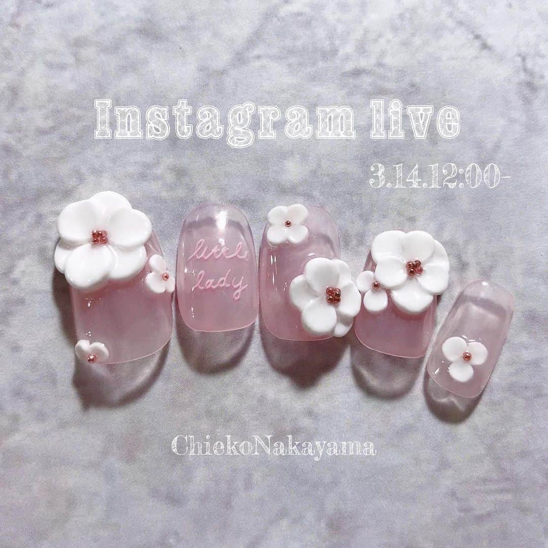 なかやまちえこのインスタグラム：「2020.03.14 12:00〜 #instagramlive します！⠀ #ジェル3d #フラワーネイル🌷⠀ ♡PREGELセミナーがウイルス感染拡大防止の為、全て中止・延期となってしまいましたので、今月は『PREGEL インスタライブ月間』となりました✨PREGELの商品をご紹介しながら使い方、アートもお届けいたします。PREGEL以外の商品についてはお応え出来ませんのでご了承下さい😌🙏♡ ※インスタライブはPREGELチャンネルにてコメント付きで公開される場合がございますのでご了承ください😌⠀ #nail #nails #nailart #ネイル #美甲 #ネイルアート  #japanesenailart #manucure #japanesenails #manicurist #gelnails #أظافر #네일아트 #미용 #vẽmóng #ngườiđẹp  #เพ้นท์เล็บ #искусствоногтя #artedeuñas #เพ้นท์เล็บเจล #ジェルネイルデザイン #ネイルデザイン #senikuku #nagelkunst #gel3d #flower」