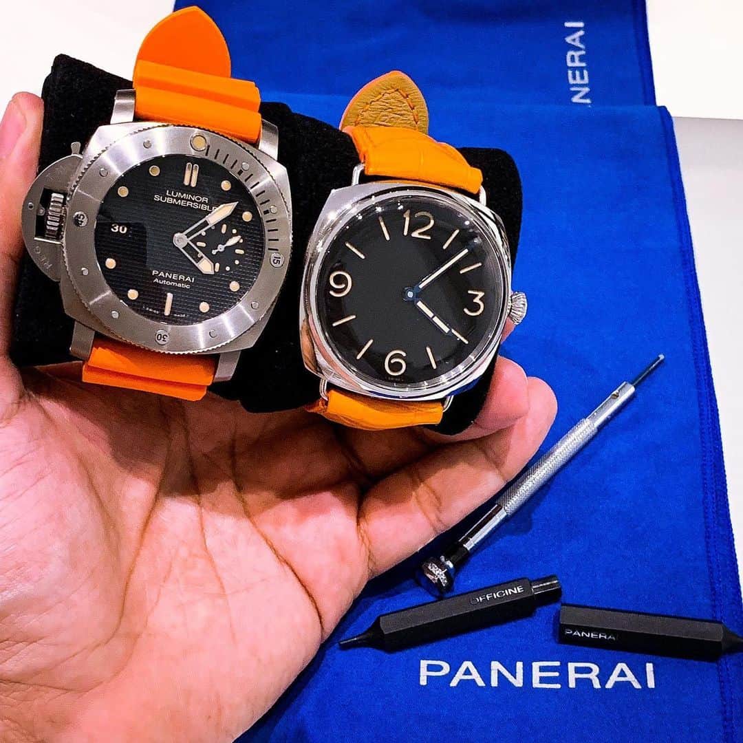 パネライのインスタグラム：「Love me some orange 🍊 straps on both the #Panerai pieces.  That Destro hobnail submersible is a thing of beauty.  Pics by good friend @a.j77 #paneraicentral」