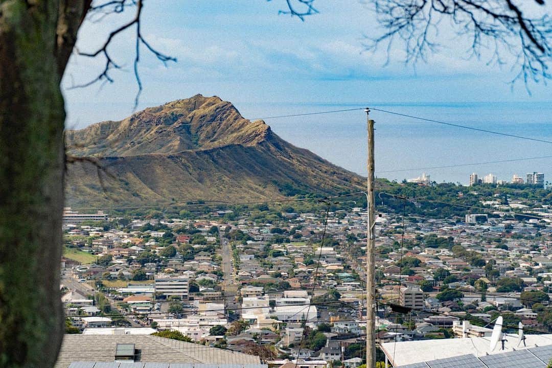 Mieさんのインスタグラム写真 - (MieInstagram)「高台からみたダイヤモンドヘッド🌺 ハワイらしい樹の電柱も好きだな👏 . 今日もいいのが撮れたっ🧡💛💙 . みんなにハワイのマナ（パワー）を🌺  #ハワイ生活　@hawaloco_concierge」3月14日 12時39分 - miefromhawaii