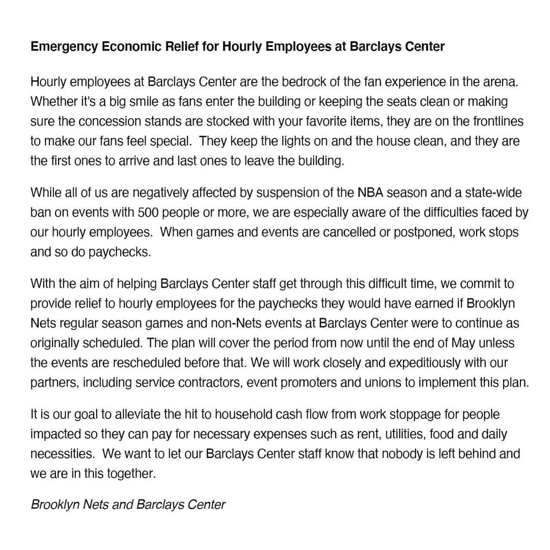 Brooklyn Netsさんのインスタグラム写真 - (Brooklyn NetsInstagram)「A note from the Nets and Barclays Center regarding all the incredible people that make our arena experience so special.」3月15日 5時42分 - brooklynnets