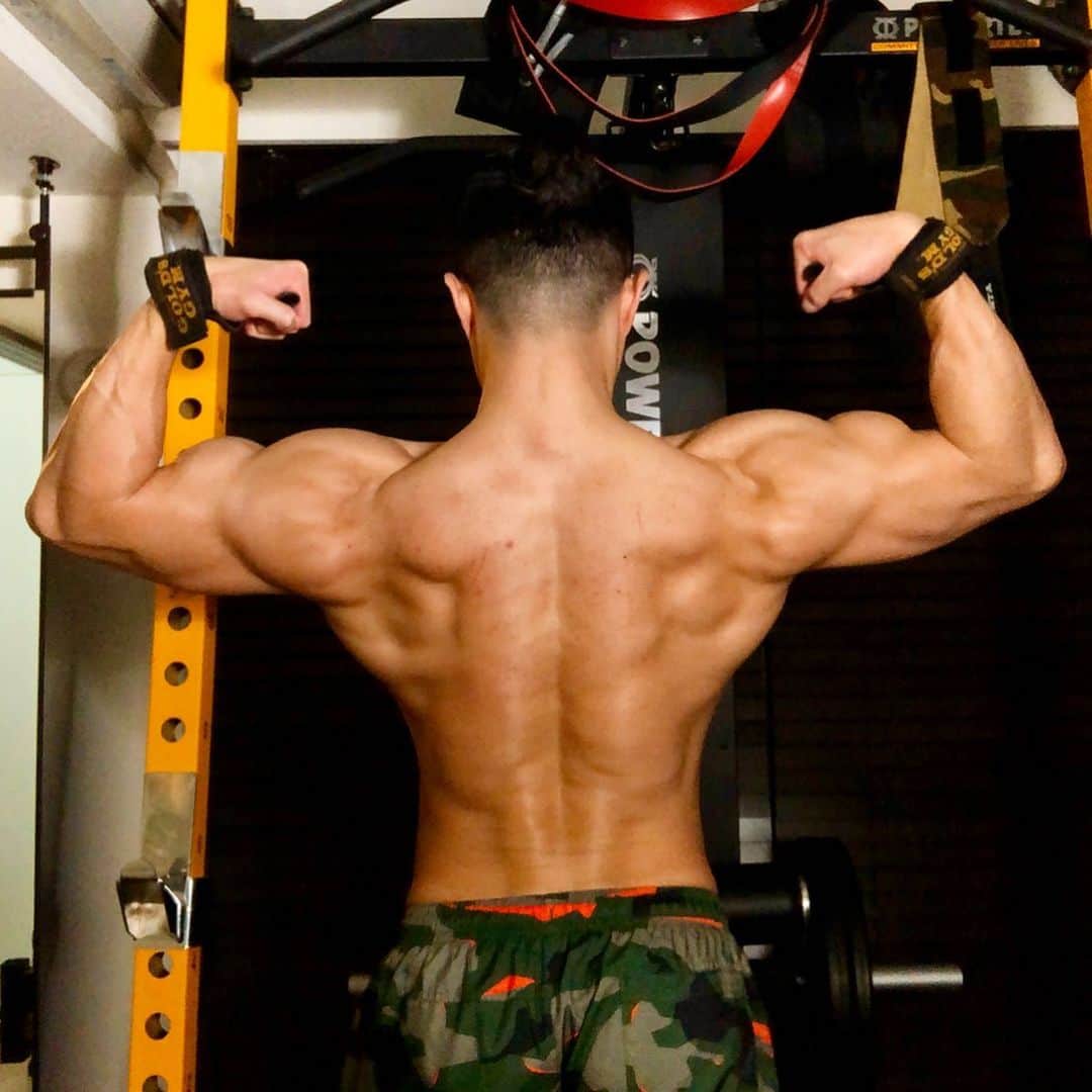 コアラ小嵐のインスタグラム：「178cm/79kg  背中の記録。来年はもうちょっと良くなってたらいいなあ…ぜんぜん成長せん！どうなっとんねん！おれの筋トレと摂取した栄養どこいったん！酒で相殺されたん！そーなん！？困ったなおい！もっと筋トレ頑張るしかないな！まーなんとかなるか！なんとかなるやろ！😊 #letitbe #なんくるないさ #背中 #筋肉　#広背筋 #大円筋 #懸垂 #酒 #酒 #酒」