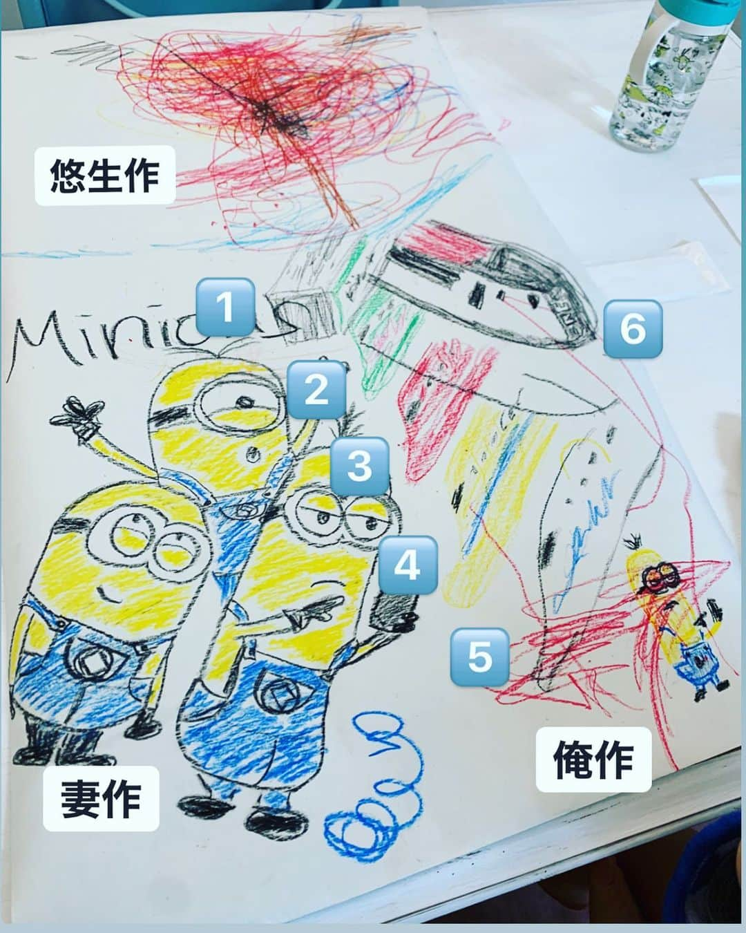 登里享平のインスタグラム：「. 家族でお絵描き🖍 絵心が無い僕ですが頑張りました😂  問題です！ 1️⃣〜6️⃣の乗り物の名前はなんでしょう？  #宿題 1️⃣番は難問だと思います #電車 #新幹線 #お絵描き #ミニオンズ」