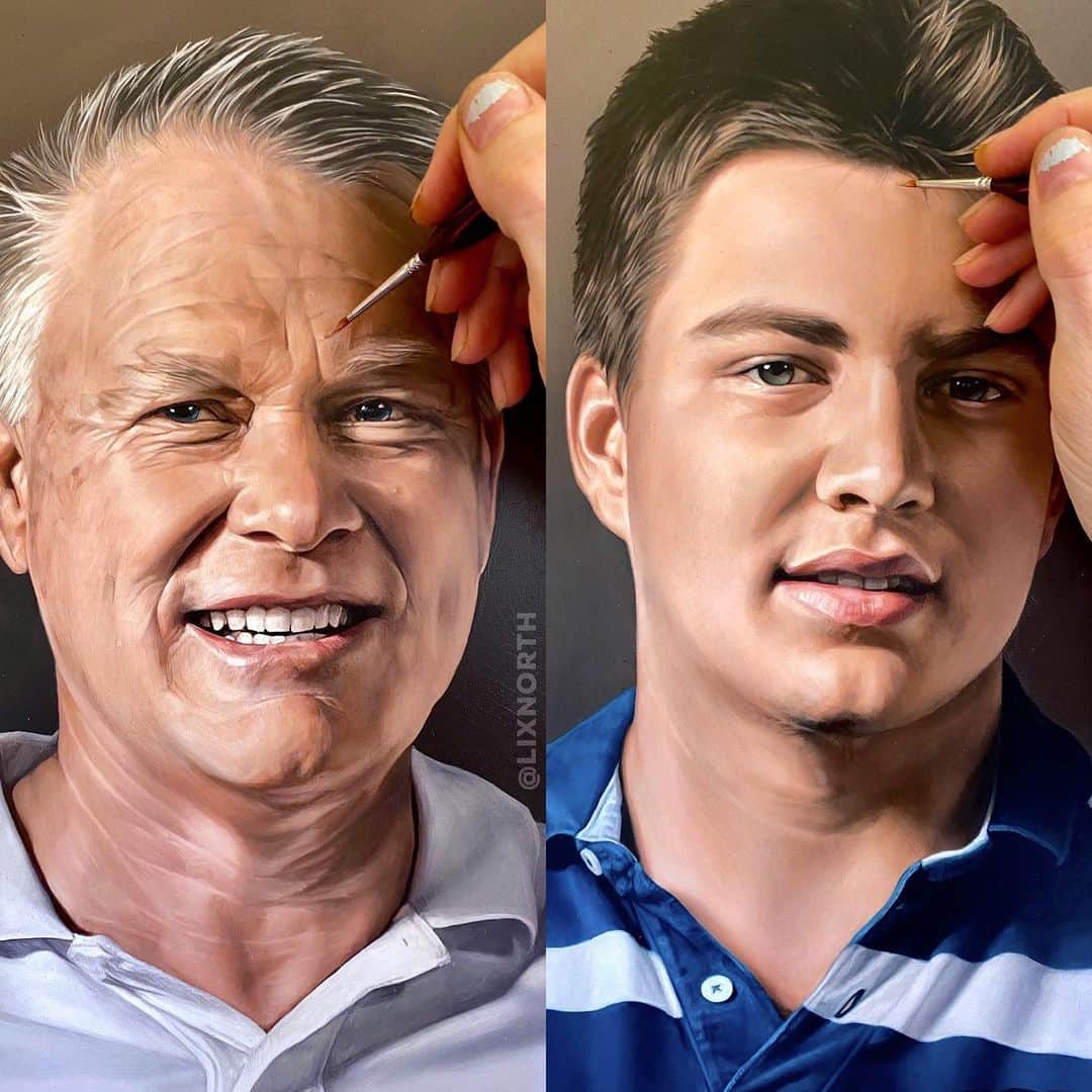 のインスタグラム：「Unmistakeably father and son 🖌. Genetics are amazing. When you spend the ridiculous amount of hours I do poring over the ins and outs of faces, discovering the tiniest nuances of resemblance that weave together to create the boldest age-defying familial likenesses never ceases to fascinate me. 🧬🙌🏼 #art」
