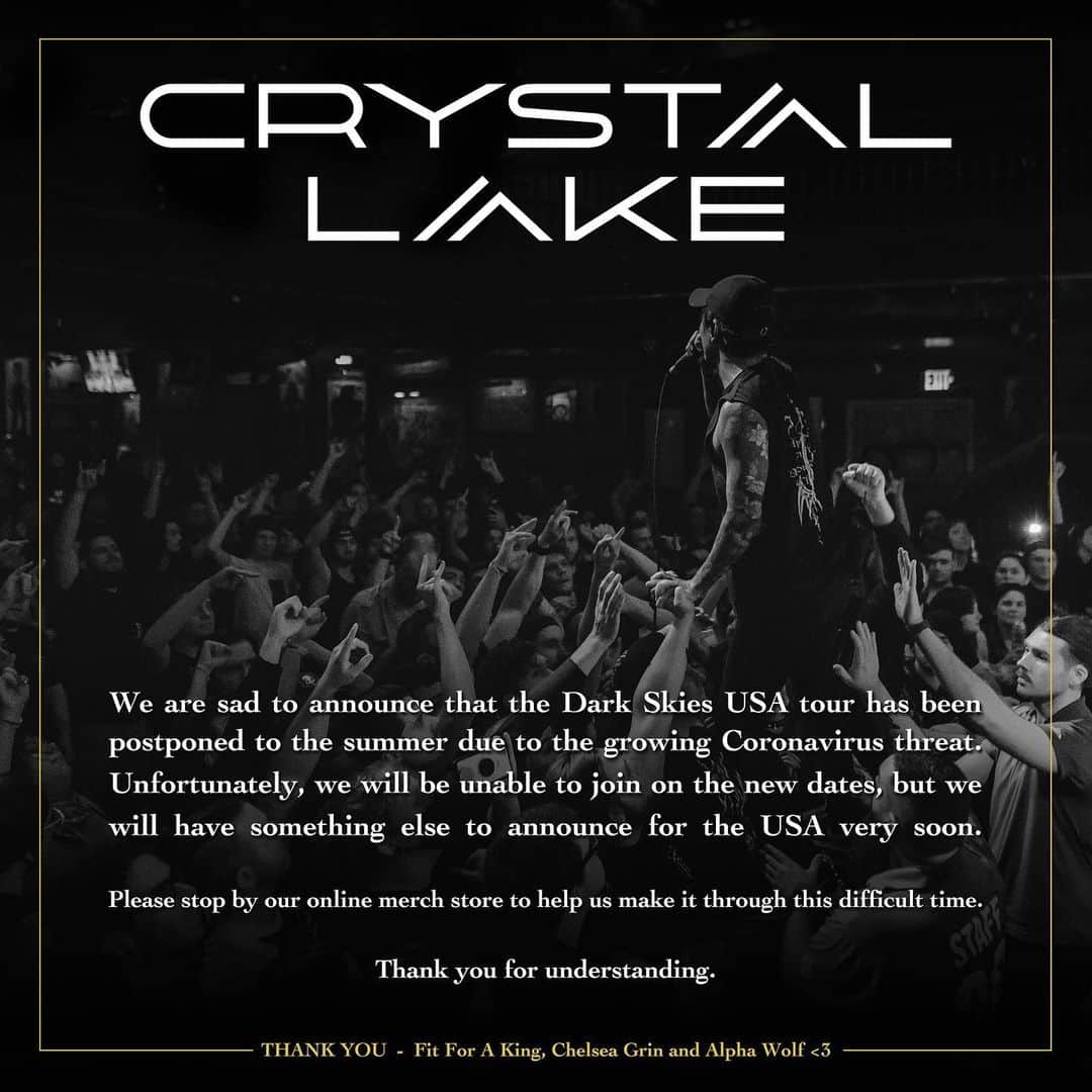 Crystal Lakeのインスタグラム：「We are sad to announce that the Dark Skies USA tour has been postponed to the summer due to the growing Coronavirus threat.  Unfortunately, we will be unable to join on the new dates, but we will have something else to announce for the USA very soon.  Please stop by our online merch store to help us make it through this difficult time.  Thank you for understanding. Thanks @fitforakingtx having us and being with us @chelseagrinofficial and @alphawolfcvlt. #FitForAKing #ChelseaGrin #CrystalLake #AlphaWolf」