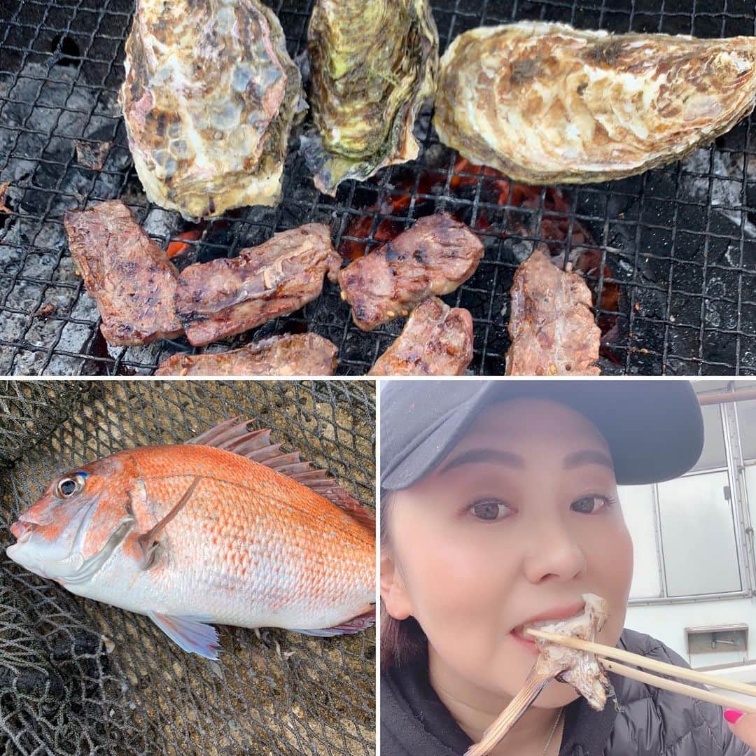 佐伯三貴のインスタグラム：「今日は久しぶりに釣りに行きました🎣🥰❤️ 昼からBBQしてみんなでワイワイしてすっごく楽しかったなぁー😊  私は40センチくらいの鯛を釣りました🤩🤪😋 BBQの炭をおこしていたので投げっぱなしにしてたらすごい勢いで竿がしなって危うく海に竿が落ちるとこでした😅  すぐ捌いてもらってお刺身、炙り刺、カマ焼きにしてみんなで美味しくいただきました😋❤️❤️❤️」