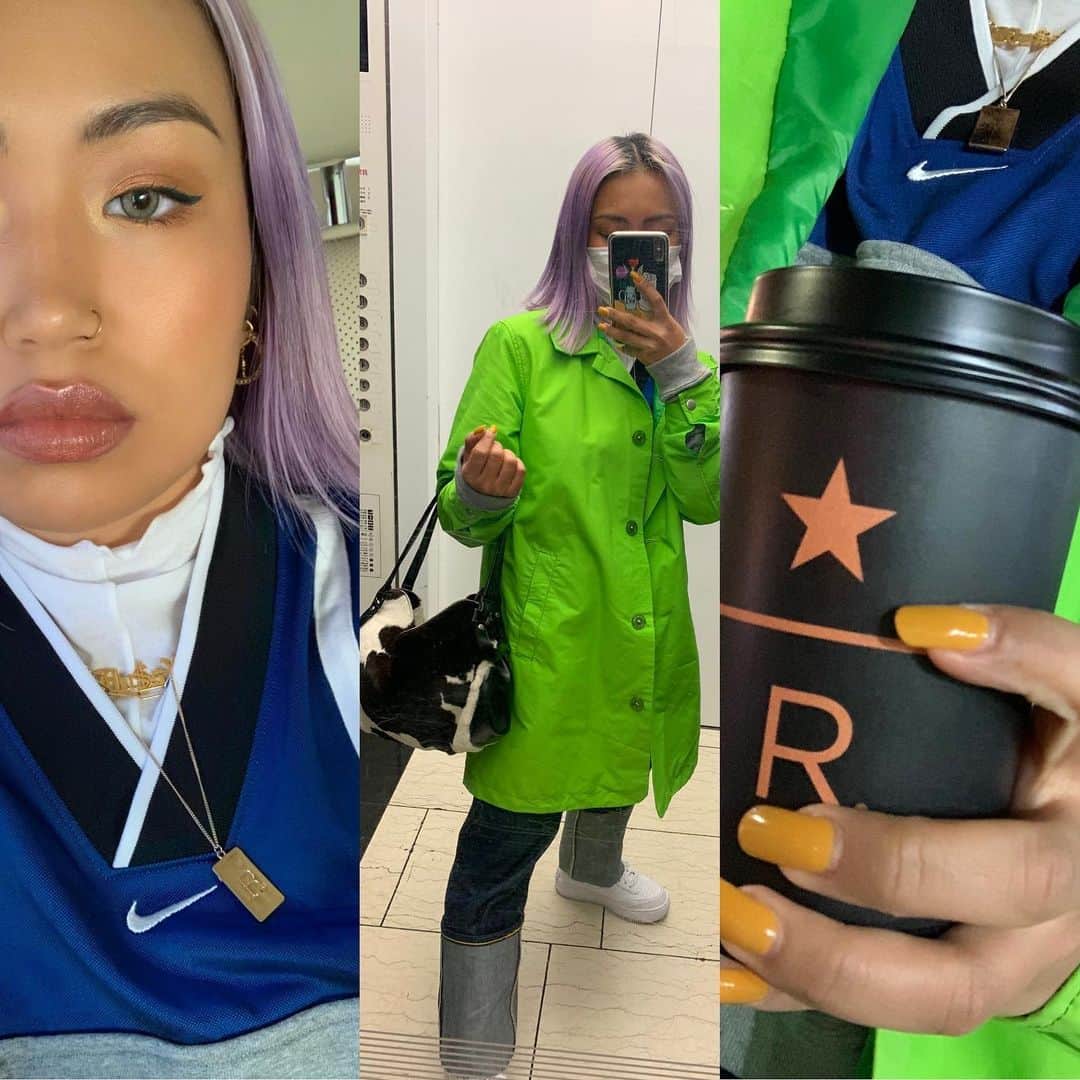 のインスタグラム：「1.マツエクは無いけど肌は調子良い 2.NYのvintage shopで見つけたお気に入りコートとデニムはLevi'sで裾折りまくりと靴はお決まりAF1 3.今のネイルと、なんでもRがあるもの好き」