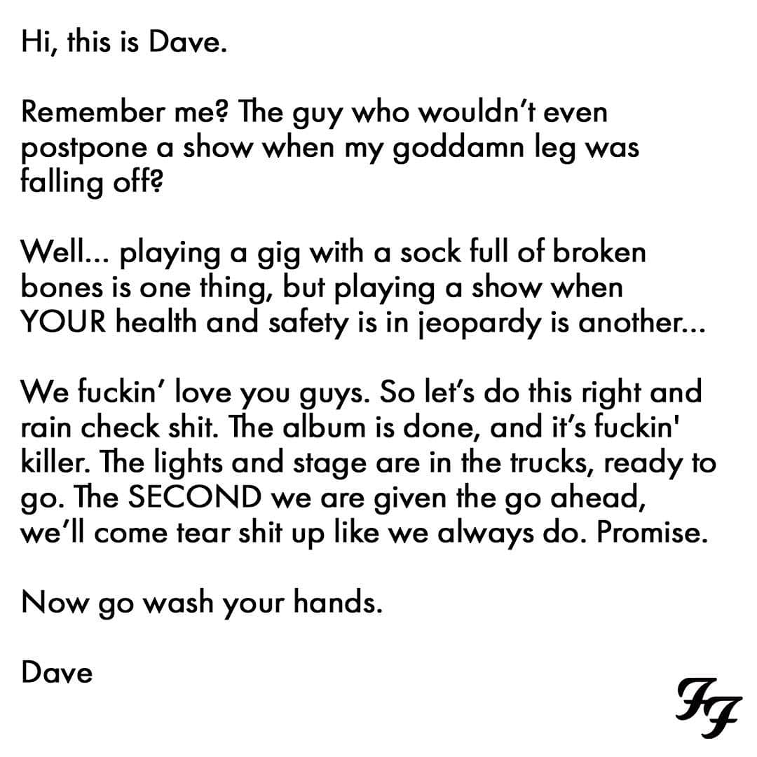 フー・ファイターズのインスタグラム：「Foo Fighters are postponing dates on the upcoming Van Tour 2020. . For a listing of postponed and new dates, see below. Information on the May dates will be forthcoming. . FOO FIGHTERS VAN TOUR 2020 RESCHEDULED SHOWS . Previously scheduled for 4/12/2020 NEW DATE 12/5/2020 Phoenix, AZ Talking Stick Resort Arena . Previously scheduled for 4/14/2020 NEW DATE 12/3/2020 Albuquerque, NM Santa Ana Star Center . Previously schedule for 4/16/2020 NEW DATE 12/1/2020 Oklahoma City, OK Chesapeake Energy Arena . Previously scheduled for 4/18/2020 RESCHEDULED DATE TO BE ANNOUNCED Wichita, KS INTRUST Bank Arena . Previously scheduled for 4/20/2020 RESCHEDULED DATE TO BE ANNOUNCED Knoxville, TN Thompson-Boling Arena . Links to dates in bio. #FF25」