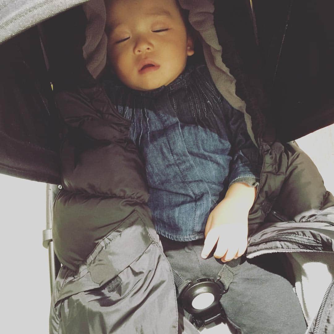 のインスタグラム：「☆ スヤスヤ…😴 #娘#baby#girl#1歳4ヶ月20日#ベビーカー#目も口も半開き」