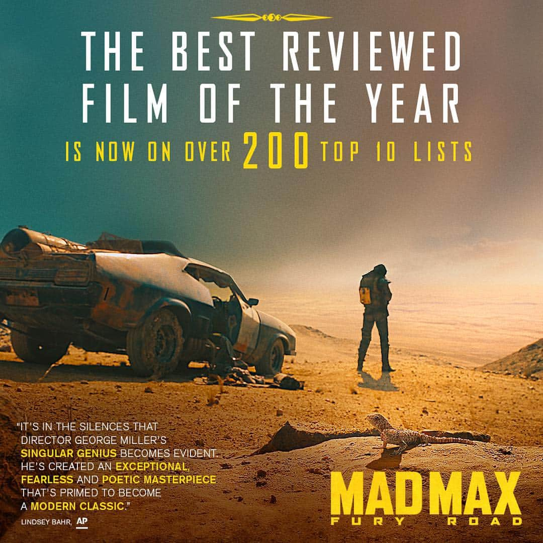 マッドマックスのインスタグラム：「#GeorgeMiller's critically-acclaimed #MadMax: Fury Road is now on more than 200 top 10 lists.」