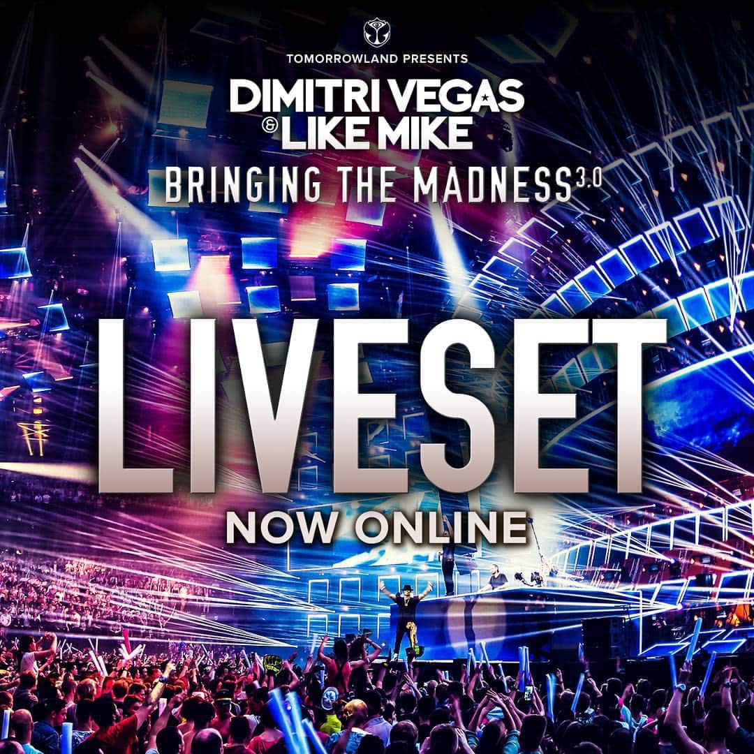 TomorrowWorldのインスタグラム：「Watch the full liveset of @DimitriVegasandLikeMike's "Bringing The Madness 3.0" with guest appearances by @Afrojack and @ArminvanBuurenofficial. 」