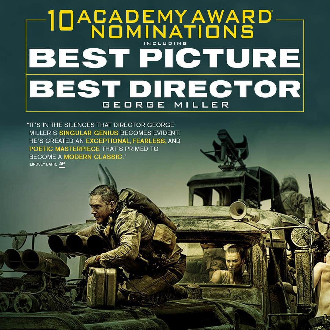 マッドマックスのインスタグラム：「Congrats to the nominees and all who worked passionately to bring #MadMax: Fury Road to the screen. #OscarNoms #GeorgeMiller」