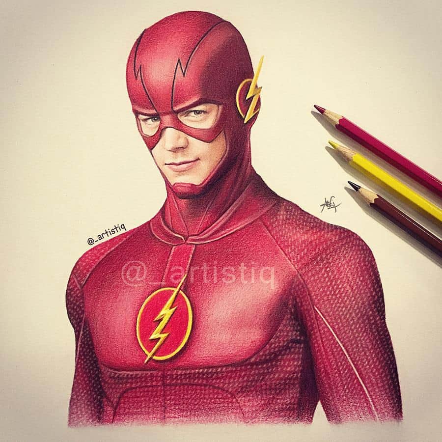 Casのインスタグラム：「The Flash,  drawn with colored pencils! ⚡ Happy Birthday @grantgust ! Who loves The Flash? 🙋」