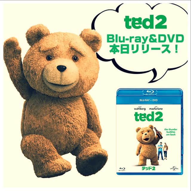 テッドのインスタグラム：「ついに！「テッド2」Blu-ray＆DVD本日発売ーー！ 特典映像約56分収録です！お楽しみにー！ 詳しくはこちら→http://ted-movie.jp/dvd/」