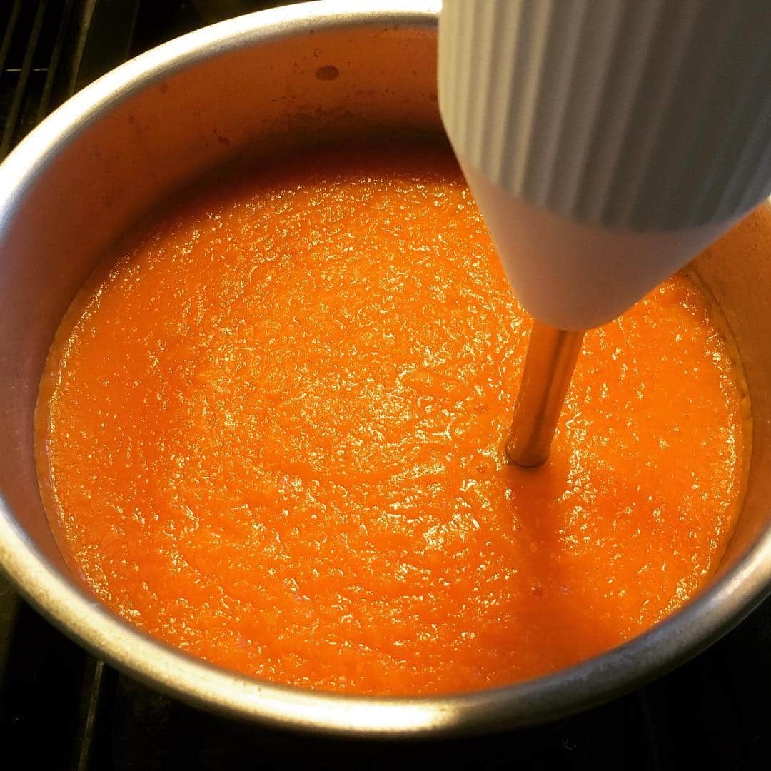 志摩有子さんのインスタグラム写真 - (志摩有子Instagram)「GM。極寒の真冬日に逆戻りの今日はガッツリオール外ロケ予定。こんな日こそ熱々スープを差し入れに。バーミックスで粉砕して完成。 #差し入れ #人参スープ  #旦那さまにもおすそ分け #スープストックアリコ」2月16日 7時30分 - ariko418
