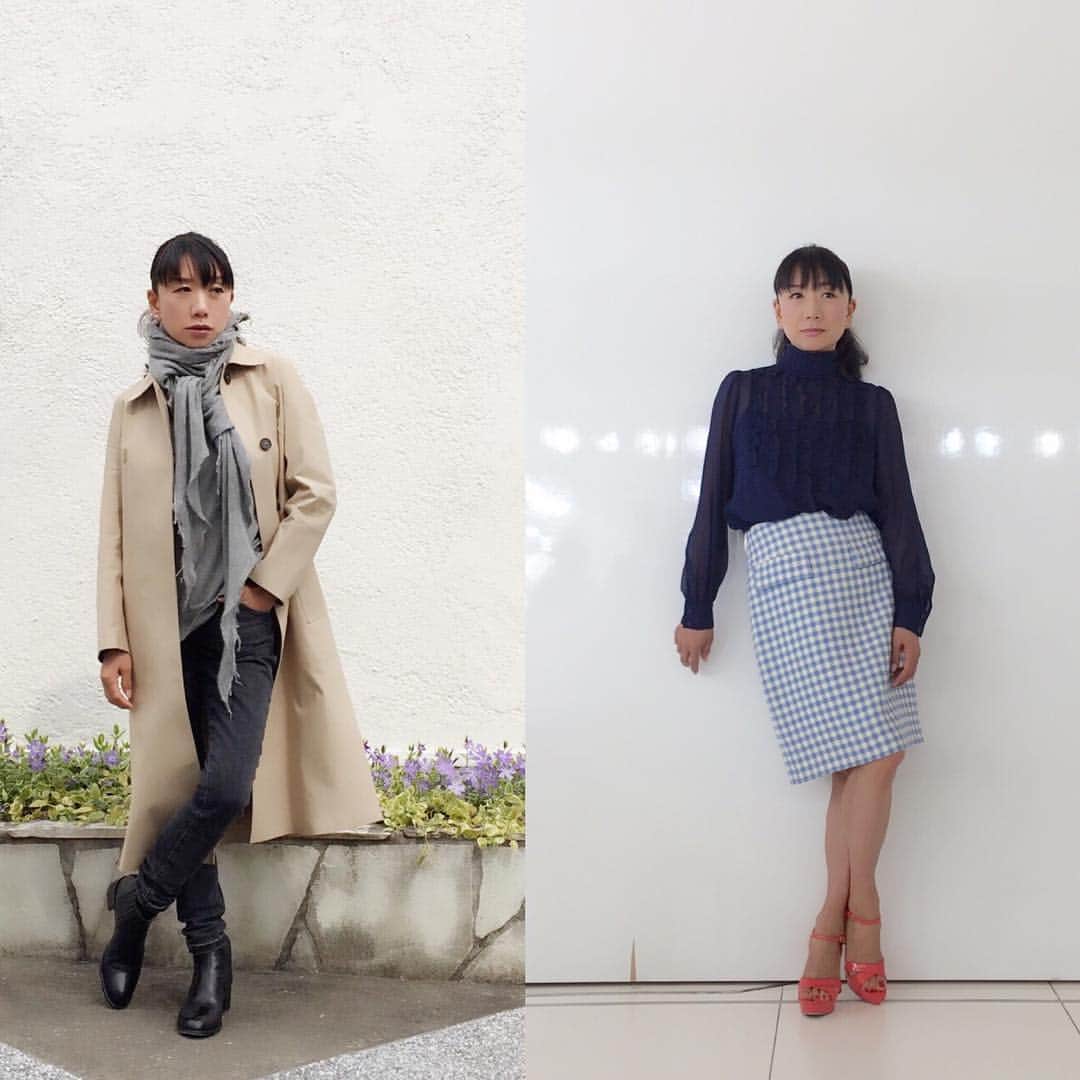 藤原美智子さんのインスタグラム写真 - (藤原美智子Instagram)「左は出かける時の写真。 #春っぽい格好 にしようと #素足（風)に #ヒールパンプス でも履こうかなと思ったのですが、「#夕方からは寒くなるし〜」と思い直し、#アンクルブーツ にして首にもグルグル。  とりあえずコートだけは #トレンチ で #春仕様 に。  この #トレンチコート(#MACKINTOSH)は購入して #7年目 ですが、やっと体に #馴染んできた みたい。  そして右はスタジオに着いて #取材用 の服に着替えた写真。 ブラウス:#machikojinto スカート:#PRADA パンプス:#MiuMiu (すべて2年〜7年前に購入したものばかり;^_^A)  なんだか #ビフォーアフター のような #pic になってしまった！😅   #fujiwaramichiko #藤原美智子」3月24日 6時19分 - michiko.life