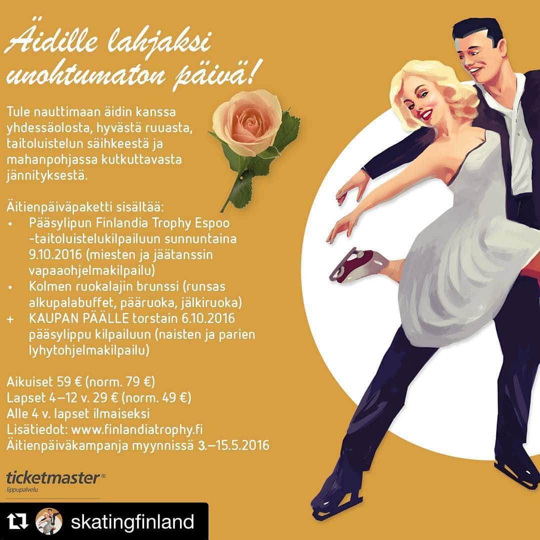 マックス・リンドホルムのインスタグラム：「#Repost @skatingfinland ・・・ Yhtä tuttu näky kuin jäällä pyörivät taitoluistelijat ovat jäähalleissa värjöttelevät äidit, mummit ja kummit, jotka vuosi toisensa jälkeen kuljettavat, kustantavat ja kannustavat. Nyt haluammekin muistaa niitä meille kaikkein rakkaimpia tuomalla Finlandia Trophyn liput ennakkomyyntiin äitienpäiväkampanjan muodossa. Nähdään Metro Areenalla lokakuussa! Lisätiedot: www.finlandiatrophy.com #skatingfinland #FinTrophy16 #äidille #äitienpäivä」