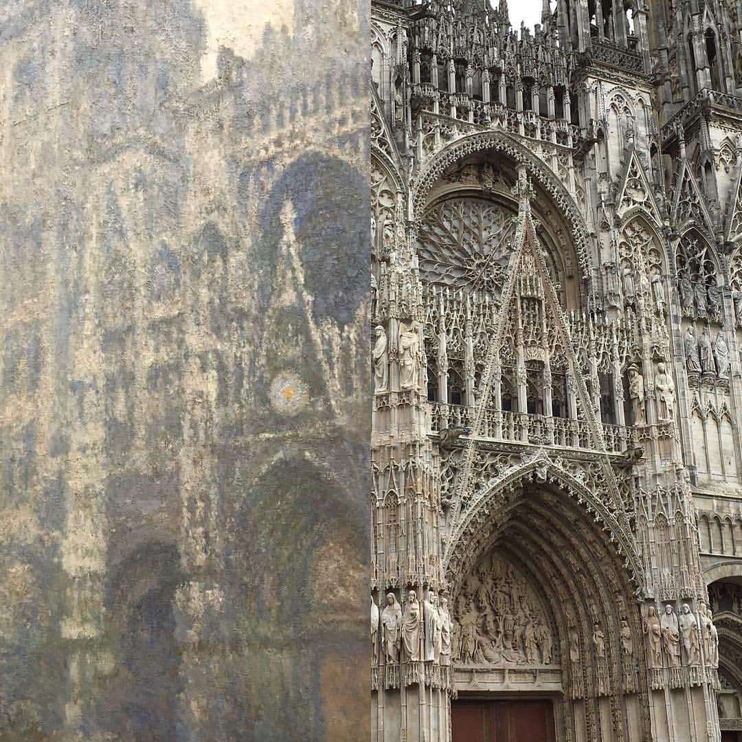 原田マハのインスタグラム：「Cathedrale, Ｌeuhan, left, Claude Monet, 1893, oil on canvas / right, Maha Harada, 2015, iphone6s」