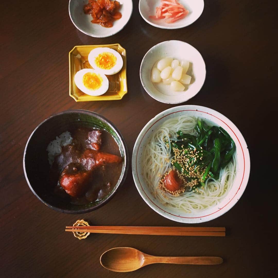 志摩有子さんのインスタグラム写真 - (志摩有子Instagram)「本日入稿dayにつき、あり合わせで簡単昼ごはん。ニラそうめんとちょっとだけ残ったカレーで小丼も。 #sunday #lunch #手抜きごはん #簡単ごはん」4月17日 13時07分 - ariko418