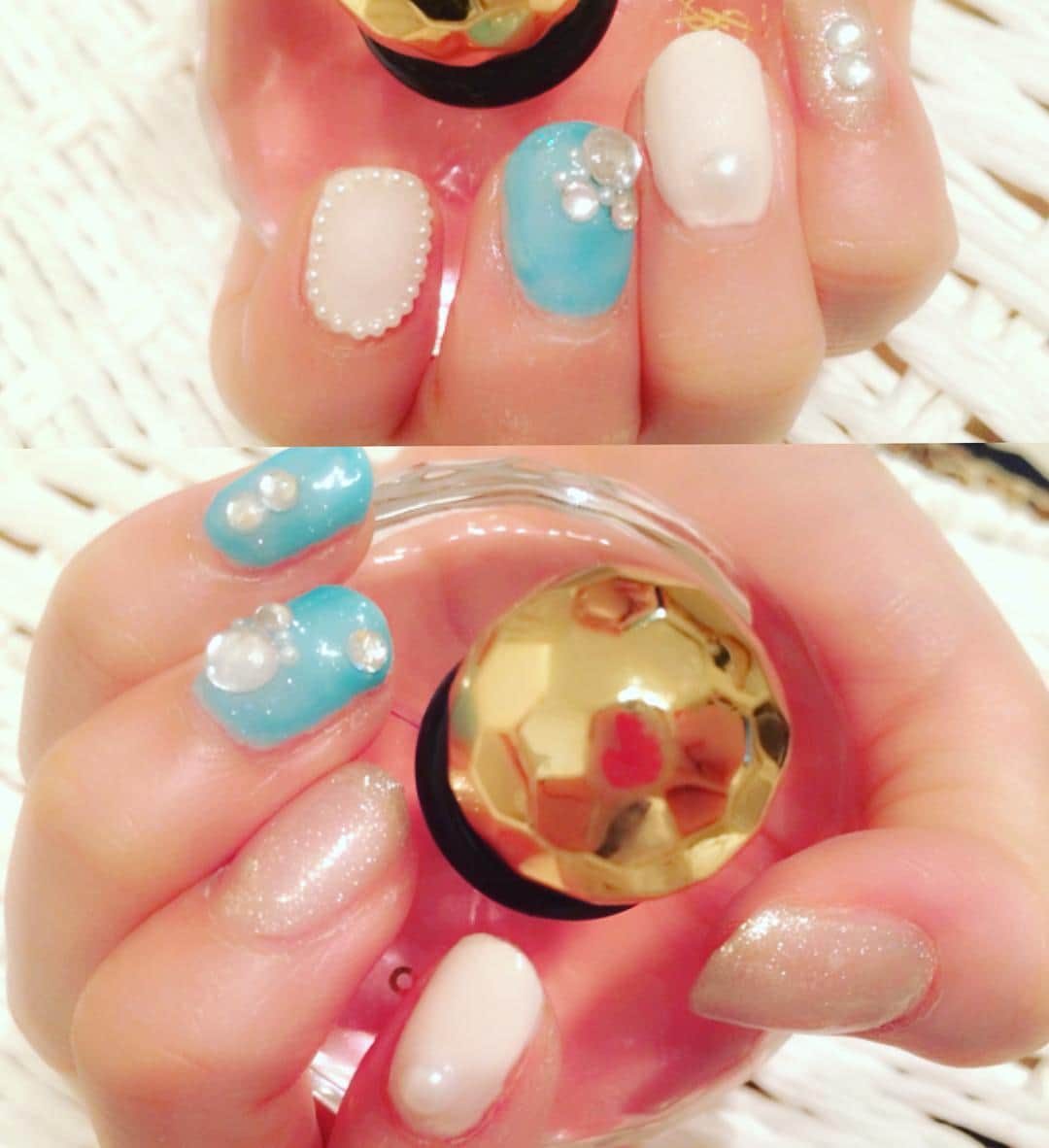 礒部花凜のインスタグラム：「お友達の手に💅 お気に入りは上の写真のチビパールで囲んだ爪👸✨ #nail #gelnails #selfnail」