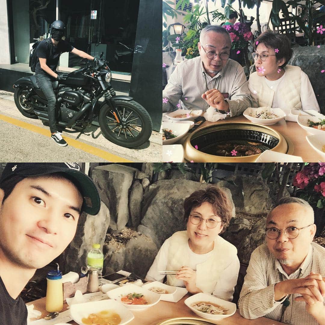 キム・ジソクのインスタグラム：「차밀려서 바이크타고 부모님 구출하러감.  어버이날 바이크는 불효라며.. 위험하다고 쳐혼나고왔음. 😭」