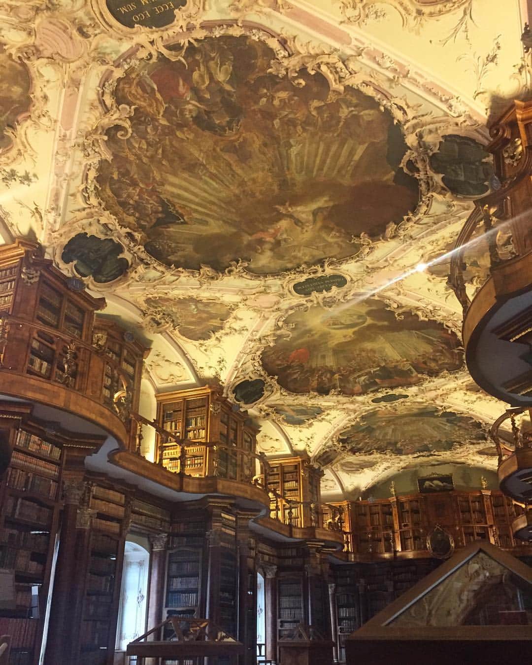 西山真以さんのインスタグラム写真 - (西山真以Instagram)「ザンクトガレン修道院の、付属図書館📚 こちらも大聖堂同様、素晴らしい天井画！ 17万冊に及ぶ古い書籍が保管されていて、そのうち15万冊は申請すると見ることができるんです。 私も実際に見せてもらったんですが、触るだけでもドキドキ… この美しい空間で、先人たちは知識を深めていたんですね〜なんと羨ましい。本当に素敵な空間でした✨ #switzerland #swiss #sanktgallen #library #beautiful #travel #tv」5月9日 12時31分 - mai0830