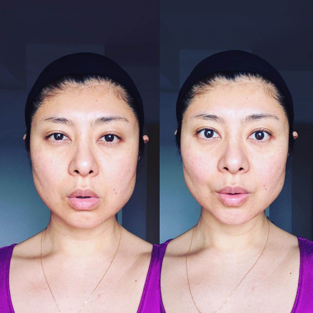 間々田佳子のインスタグラム：「朝起きたら顔が…オバケ〜‼️😱😱😱😱 3分顔ヨガするだけでも  結構いい感じ〜♪♪ 打ち合わせに間に合いました。*\(^o^)/* ラッキ〜✨✨😊😁 #顔ヨガ間々田佳子 #むくみ #顔スッキリ #朝のおすすめエクササイズ #顔の準備体操」