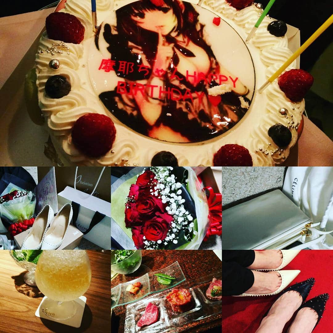 宮崎摩耶のインスタグラム：「２度目の誕生会、みなさんありがとーございました❗セリーヌのばっぐ、扇子、大事に使わせていただきます❗#ハッピーバースデイ　#誕生会　#皆さんありがとーございました❗❗#奇跡の薔薇　#セリーヌ　#celine #ルブタン　#左下は烏龍茶」