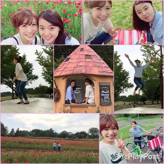 西野友毬のインスタグラム：「久々の奈也ちゃん😍❤️❤️ 楽し過ぎて、時間過ぎるのあっという間😂✨✨リフレッシュ出来た休日でした☺️✨ @nanapeeeee  #奈也ちゃん#楽し過ぎた#昭和記念公園#サイクリング#ピクニック#大人になったけど子供の様にはしゃぐ#ポピー#お花畑物凄く綺麗だった#感動#」