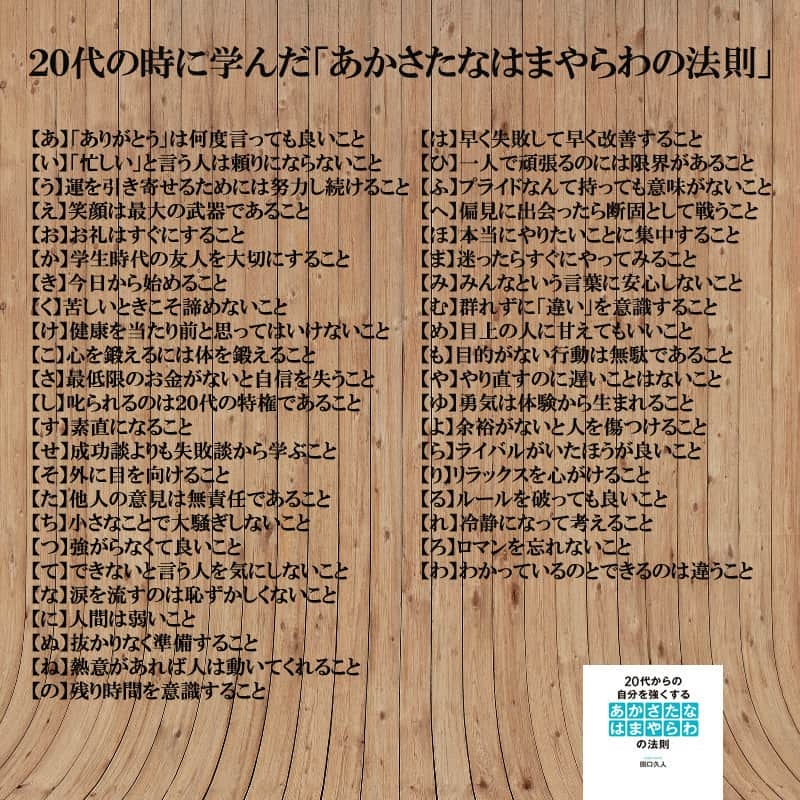 yumekanauさんのインスタグラム写真 - (yumekanauInstagram)「「あかさたなはまやらわの法則」の感想を紹介。あなたも作ってみませんか。 . 【感想】 . 40代の今でも、常に心にとめておきたいことです . 30代の私も知っておくべきことがたくさんある。 . 「かるた」にしても良いんじゃないかなぁ^^硬軟とり混ぜてよく出来てる！ . . 「２０代の時に学んだ『あかさたなはまやらわの法則』」 . 【あ】「ありがとう」は何度言っても良いこと 【い】「忙しい」と言う人は頼りにならないこと 【う】運を引き寄せるためには努力し続けること 【え】笑顔は最大の武器であること 【お】お礼はすぐにすること 【か】学生時代の友人を大切にすること 【き】今日から始めること 【く】苦しいときこそ諦めないこと 【け】健康を当たり前と思ってはいけないこと 【こ】心を鍛えるには体を鍛えること 【さ】最低限のお金がないと自信を失うこと 【し】叱られるのは２０代の特権であること 【す】素直になること 【せ】成功談よりも失敗談から学ぶこと 【そ】外に目を向けること 【た】他人の意見は無責任であること 【ち】小さなことで大騒ぎしないこと 【つ】強がらなくて良いこと 【て】できないと言う人は必要ない人であること 【と】どんな状況でも家族は裏切らないこと 【な】涙を流すのは恥ずかしくないこと 【に】人間は弱いこと 【ぬ】抜かりなく準備すること 【ね】熱意があれば、人は動いてくれること 【の】残り時間を意識すること 【は】早く失敗して、早く改善すること 【ひ】一人で頑張るのには限界があること 【ふ】プライドなんて持っても意味がないこと 【へ】偏見に出会ったら断固として戦うこと 【ほ】本当にやりたいことに集中すること 【ま】迷ったらすぐにやってみること 【み】みんなという言葉に安心しないこと 【む】群れずに「違い」を意識すること 【め】目上の人に甘えてもいいこと 【も】目的がない行動は無駄であること 【や】やり直すのに遅いことはないこと 【ゆ】勇気は体験から生まれること 【よ】余裕がないと人を傷つけること 【ら】ライバルがいたほうが良いこと 【り】リラックスを心がけること 【る】ルールを破っても良いこと 【れ】冷静になって考えること 【ろ】ロマンを忘れないこと 【わ】わかっているのとできるのは違うこと . ※書籍になりました。  #本#読書#自己啓発#幸せ#ベストセラー#うまくいっている人の考え方 #自己啓発本  #あかさたなはまやらわの法則 #20代#10代 #ずっとやりたかったことをやりなさい#起業1年目の教科書#起業 #20代からの自分を強くするあかさたなはまやらわの法則 #ビジネスの教科書#世界一カンタンな人生の変え方#大学生  #日本語#日本語勉強」6月13日 21時33分 - yumekanau2