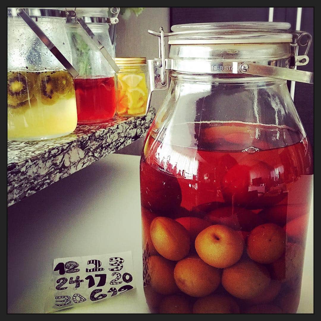望月理恵さんのインスタグラム写真 - (望月理恵Instagram)「一昨年の梅酒。今年作るか悩む、、、 作っても、いつも飲まない、、 #梅酒#果実シロップ#ハチミツレモン」6月14日 9時41分 - mochiee28