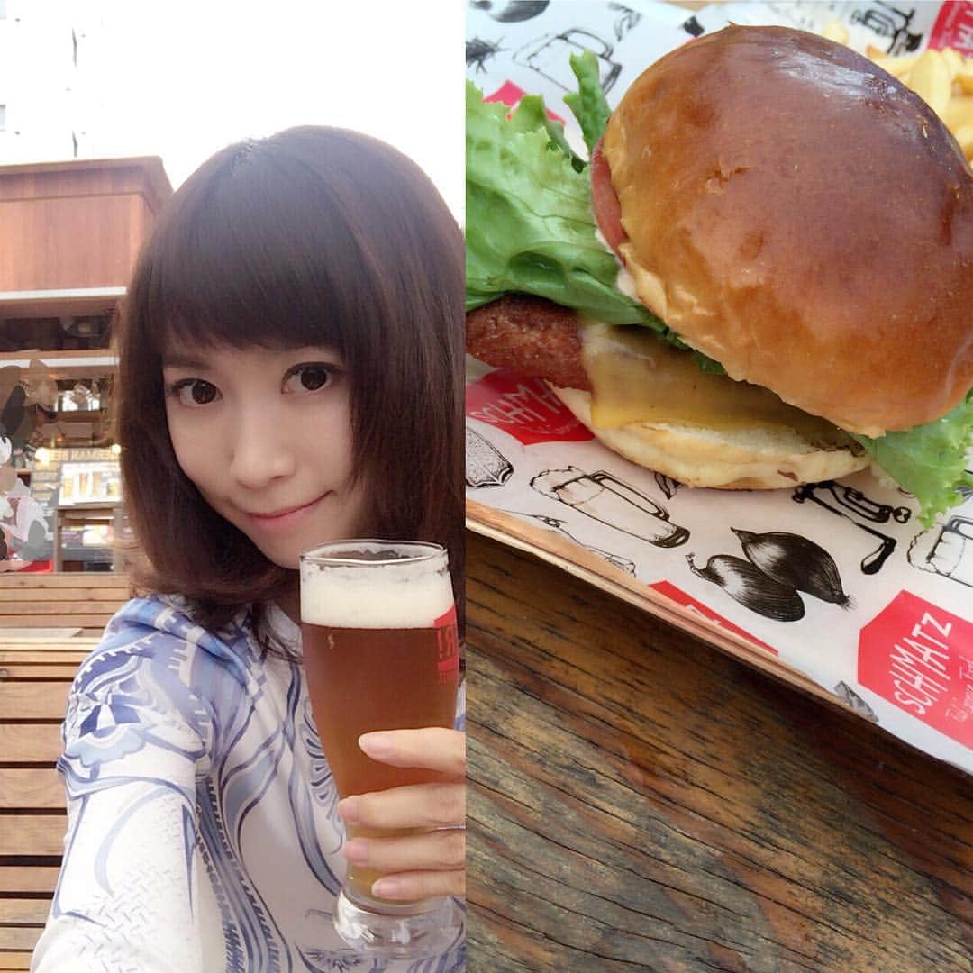 伊沢千夏のインスタグラム：「お昼間のビールは最高でしたぁ( ⸝⸝⸝⁼̴́◡︎⁼̴̀⸝⸝⸝) #美容院の帰り #チーズバーガー #フライポテト #ポテトにはやっぱりケチャップ 笑」