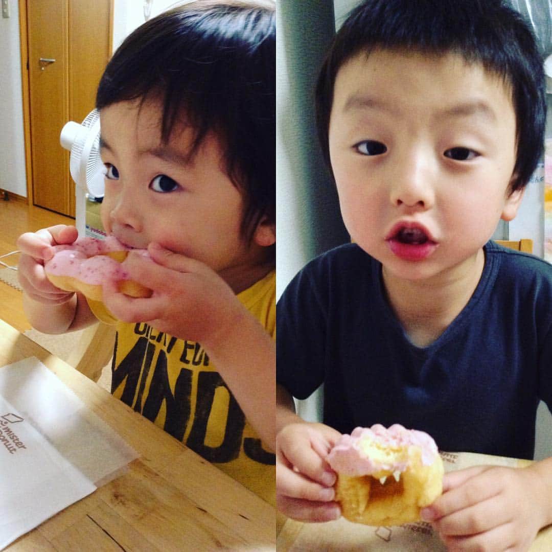 青木真也のインスタグラム：「今日も彼らは食欲全開。ミスタードーナツ100円セール。私は食べない。食べ物の差し入れは彼らが門番。#甘党#ミスド#ミスド100円 #ツインズ#甘党男子」