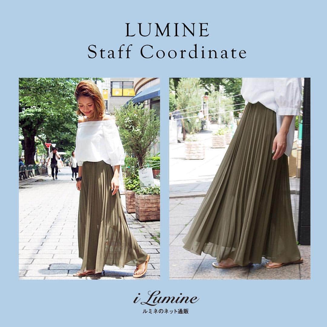 のインスタグラム：「大人気のオフショルダーブラウスは、軽さのあるプリーツで合わせて涼やかに。 [LUMINE スタッフコーディネート] https://i.lumine.jp/coordinates/ #lumine #ルミネ #スピックアンドスパン #spickandspan #summer #Casual #Style #夏 #トップス ¥11000+tax #バングル ¥12500+tax #サンダル ¥13000+tax #マキシスカート ¥17000+tax #オフショル #オフショルダー #プリーツ #スカート #大人コーデ #リラックス #2016ss #ootd #outfit #fashion #coordinate #コーディネート #instafashion #instafashionista #instafashionist #instagood #girl #instastyle」