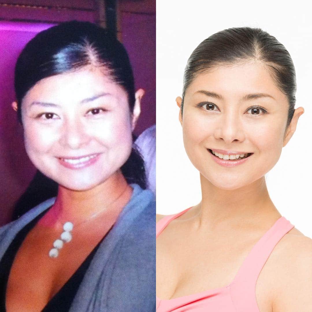 間々田佳子のインスタグラム：「左ビフォー 右アフター  体重は左のほうが5キロ痩せていた頃 スッキリ 笑顔の質が違う！  #顔痩せ #ダイエットするならまず顔を動かそう！ #顔ヨガむくみ解消 #顔ヨガ間々田佳子  #顔ヨガで小顔  #笑顔の質も上がった！ #自然に笑えるようになりたい」