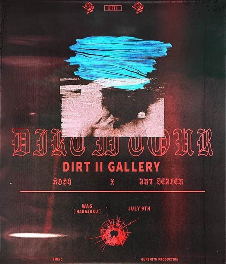 KOHHのインスタグラム：「DIRT Ⅱ COMPLETE BOX【TYPE A】【TYPE B】同梱ギャラリーチケットにて入場可能「DIRT Ⅱ GALLERY」 _ KOHH × ART DEALER「DIRT Ⅱ GALLERY」 _ 開催日：2016年7月9日(土) 会場：原宿 WAG 東京都渋谷区神宮前4-26-28 開場：12:00 終了：20:00 _ DIRT Ⅱの全てのアートワークを手がけた韓国人デザイナー"Art Dealer"とのコラボレーション企画。DIRT Ⅱのアートワーク関連の作品やアルバムカバーに使用されたアウターの展示をはじめ、KOHHが描く絵画やArt Dealerのアート作品などを多数展示。」