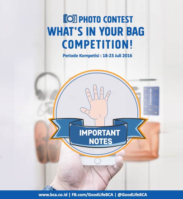 B Blogのインスタグラム：「Hello Bloggers,  Ada catatan penting untuk kontes foto kali ini ya. Bagi kamu yang menyertakan CC BCA di dalam foto, diharapkan untuk di blur bagian nomor CC untuk keamanan ya😁  Dan untuk yang belum ikutan, jangan ketinggalan loh!  Caranya mudah:  1. Foto barang – barang yang wajib ada didalam tasmu dan jelaskan mengapa kamu harus selalu membawa benda tersebut 2. Sertakan juga apapun produk BCA didalamnya 3. Share foto di Instagram, Twitter dan Facebook (bisa dipilih salah satu) 4. Follow instagram @GoodLifeBCA dan @bblog_id 5. Sertakan hashtags #InovasiBCA dan #Apaisitasku 6. Periode kompetisi: 18 - 24 Juli 2016 7. Foto yang beruntung akan berkesempatan mendapat hadiah uang tunai sebesar Rp. 500,000,- Ayo ikutan!!」
