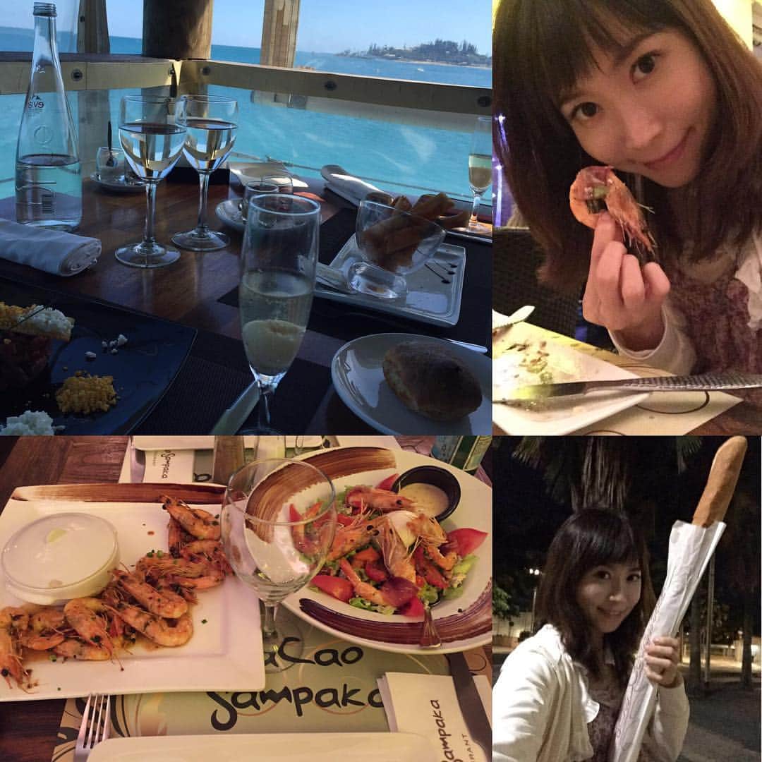 伊沢千夏のインスタグラム：「フレンチも最高でしたわ(〃)´艸｀)ｵｲｼｰ♪︎ #天使の海老 #シャンパンにワイン ( ⸝⸝⸝⁼̴́◡︎⁼̴̀⸝⸝⸝)#優雅な時間 #フレンチ #海老が大好きな私達 #フランスパン #大きさにびっくり #結局食べきれなかった 笑」