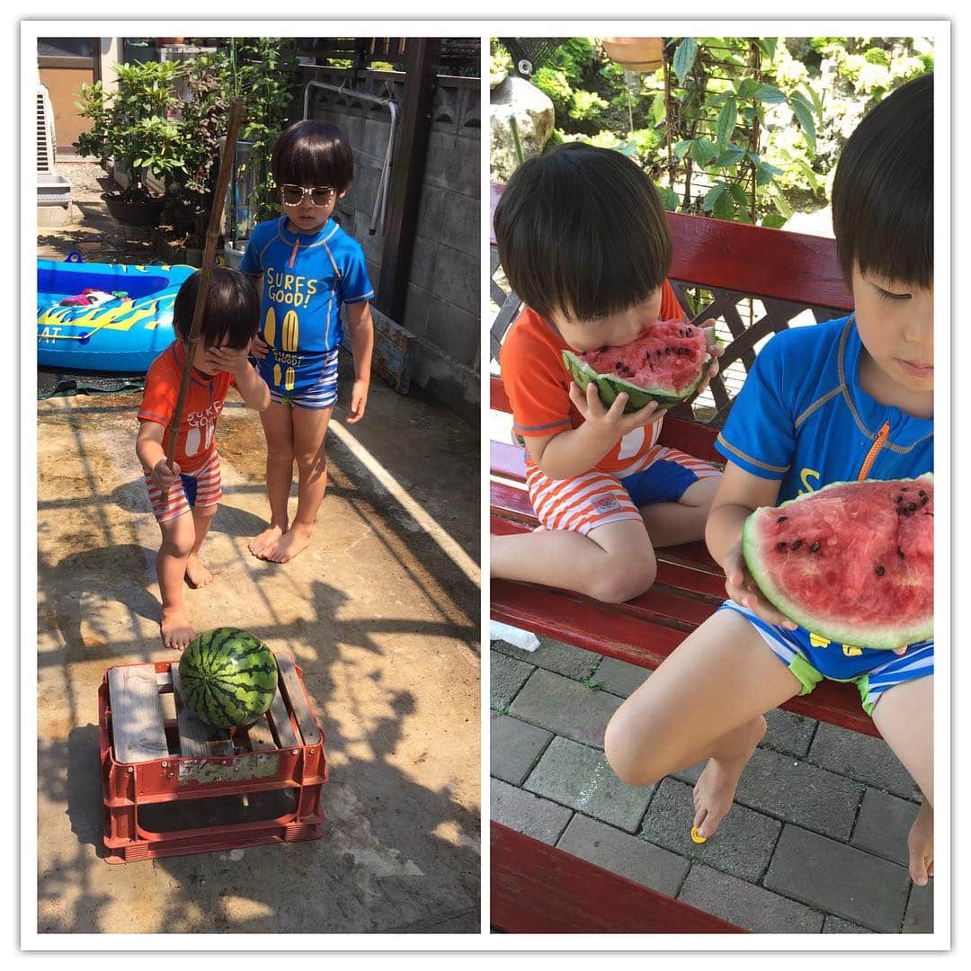 菅山かおるのインスタグラム：「実家の畑で出来たスイカ！ #スイカ割り #目隠し嫌で手で隠してる #実家の畑 #スイカ美味しかったよ #自然がいっぱい #宮城  #兄弟」