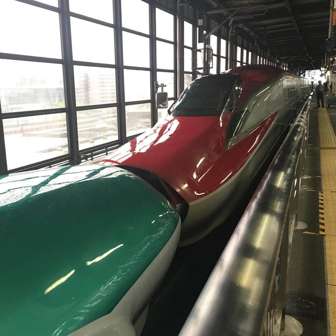 vo_coさんのインスタグラム写真 - (vo_coInstagram)「一気に帰れないので、盛岡で新幹線の乗り換えw 緑のと赤いのが変な感じで繋がってる！ * #東北新幹線 #はやて #こまち #速そう #shinkansen #bullettrain #グリーン車しか取れなかった #雨風かなり強し #台風で少し遅れてる」8月17日 12時54分 - vo_co