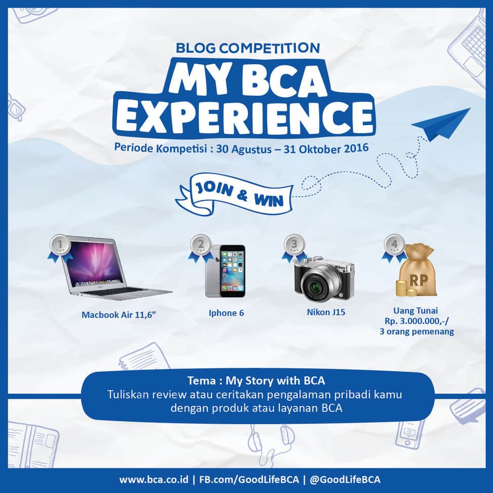 B Blogのインスタグラム：「Hi Bloggers,  Ayo ikutan My BCA Experience Blog Competition!  Kamu bisa cek di halaman pribadi BBlog kamu mengenai info kompetisi.  Cara ikutan: 1. Blogger diharapkan untuk menuliskan 1 (satu) artikel yang memuat pengalaman pribadi atau review produk/layanan BCA seperti: Sakuku, Flazz, ATM BCA, BCA Credit Card, Halo BCA, Debit BCA, BCA KlikPay, KPR BCA, Tahapan Xpresi BCA, dsb. Info produk/layanan dapat dilihat di: http://www.bca.co.id/ 2. Buat judul dan tulisan yang menarik, tambahkan foto atauvideo jika dirasa perlu. 3. Blogger wajib mengirimkan hasil karyanyadi halaman pribadi BBlog milik bloggerpada proyek yang ada di BBlog. 4. Blogger wajib follow Instagram @GoodLifeBCA dan @Bblog_id. 5. Blogger wajib mempromosikan linkhasil karyanya di Instagram atau Twitter. 6. Blogger wajib menggunakan hashtag #MyBCAexperience #InovasiBCA.  Jangan lupa ikutan ya!!🙏」